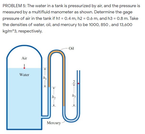 PROBLEM 5: The water in a tank is pressurized by air, and the pressure is
measured by a multifluid manometer as shown. Determine the gage
pressure of air in the tank if h1 = 0.4 m, h2 = 0.6 m, and h3 = 0.8 m. Take
the densities of water, oil, and mercury to be 1000, 850 , and 13,600
kg/m^3, respectively.
Oil
Air
Water
h2
h3
Mercury
