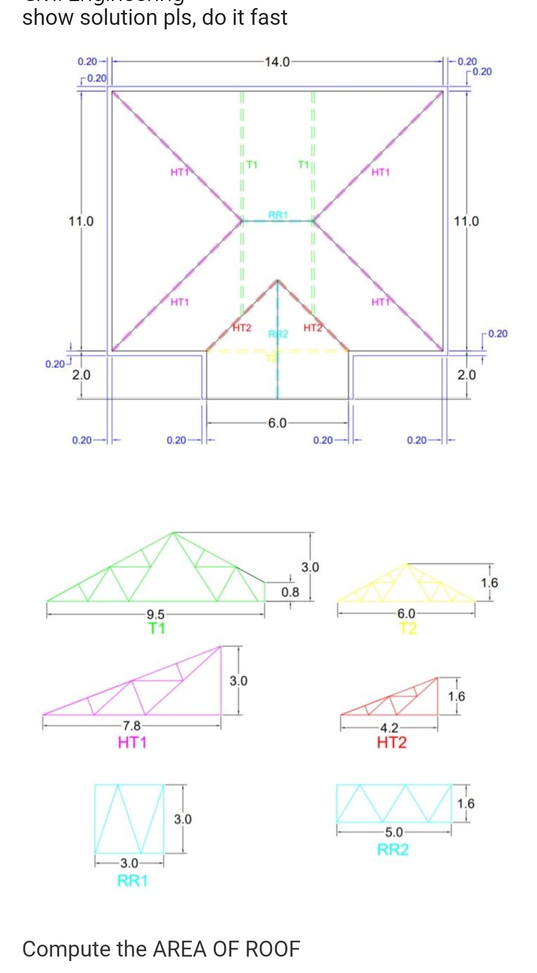 show solution pls, do it fast
0.20
0.20-
0.20
11.0
2.0
0.20-
-9.5
-7.8
HT1
St
T1
-3.0-
RR1
HT1
0.20-
3.0
HT2
3.0
14.0
RR1
RR2
-6.0-
1
0.8
Compute the AREA OF ROOF
HT2
0.20
3.0
HT1
HT1
0.20
6.0-
T2
-4.2-
HT2
-5.0
RR2
-0.20
-0.20
11.0
2.0
1.6
1.6
-0.20
1.6