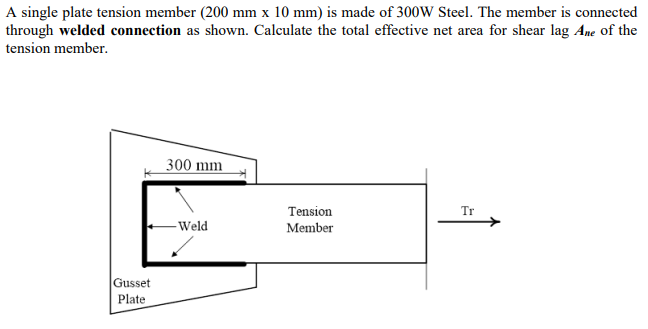 A single plate tension member (200 mm x 10 mm) is made of 300W Steel. The member is connected
through welded connection as shown. Calculate the total effective net area for shear lag Ane of the
tension member.
Gusset
Plate
300 mm
-Weld
Tension
Member
Tr