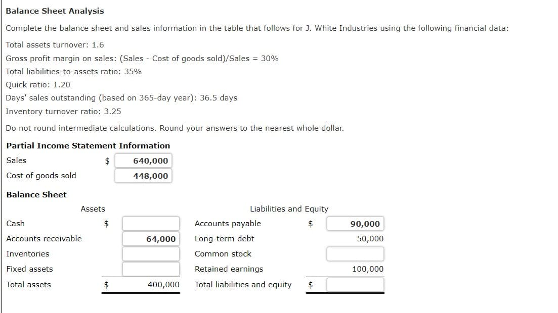 Balance Sheet Analysis
Complete the balance sheet and sales information in the table that follows for J. White Industries using the following financial data:
Total assets turnover: 1.6
Gross profit margin on sales: (Sales - Cost of goods sold)/Sales = 30%
Total liabilities-to-assets ratio: 35%
Quick ratio: 1.20
Days' sales outstanding (based on 365-day year): 36.5 days
Inventory turnover ratio: 3.25
Do not round intermediate calculations. Round your answers to the nearest whole dollar.
Partial Income Statement Information
Sales
Cost of goods sold
$
640,000
448,000
Balance Sheet
Assets
Cash
Accounts payable
Liabilities and Equity
$
90,000
Accounts receivable
64,000
Long-term debt
50,000
Inventories
Common stock
Fixed assets
Retained earnings
100,000
Total assets
$
400,000
Total liabilities and equity
$