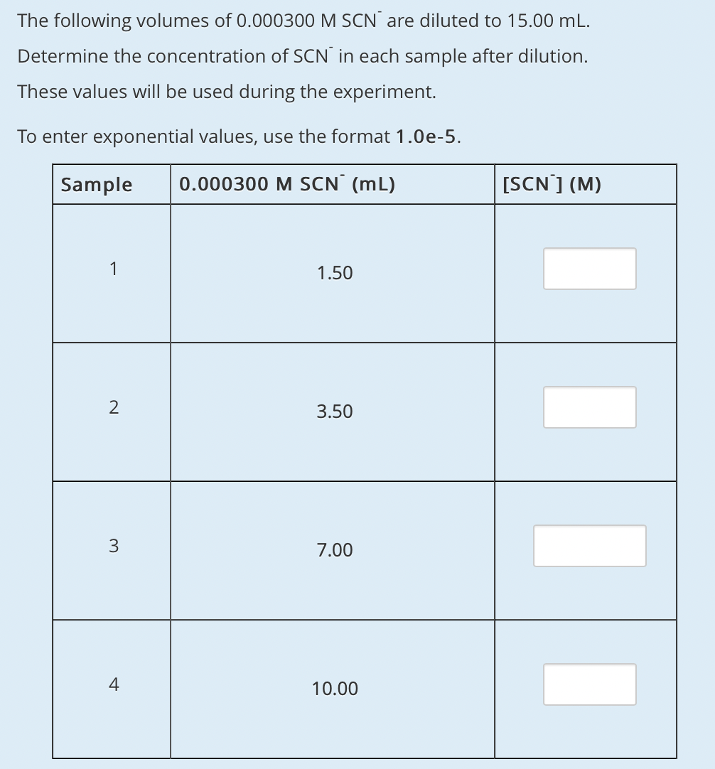 The following volumes of 0.000300 M SCN are diluted to 15.00 mL.
Determine the concentration of SCN in each sample after dilution.
These values will be used during the experiment.
To enter exponential values, use the format 1.0e-5.
Sample
0.000300 M SCN (mL)
[SCN'] (M)
1
1.50
3.50
7.00
4
10.00
3.
