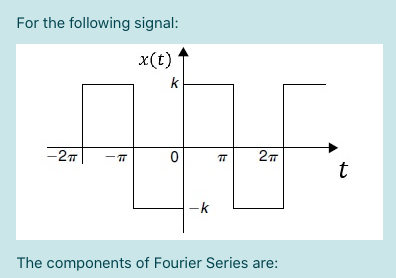 For the following signal:
x(t)
k
-27
- T
t
-k
The components of Fourier Series are:
