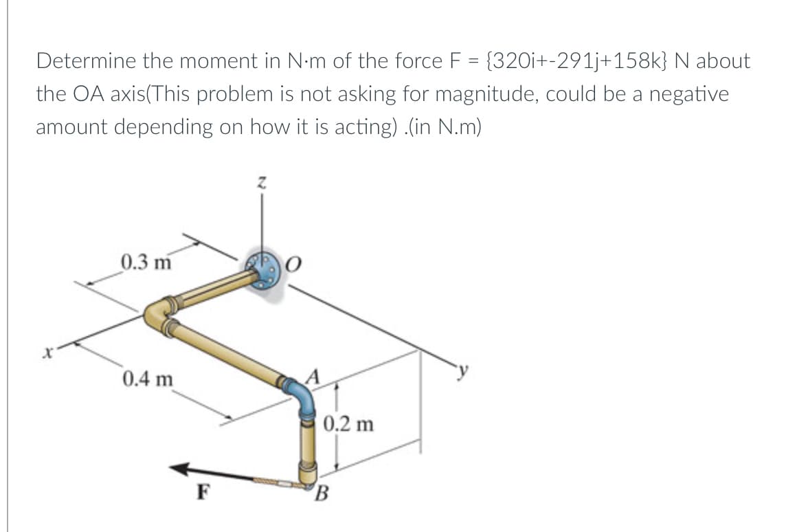 Determine the moment in N-m of the force F = {320i+-291j+158k} N about
the OA axis(This problem is not asking for magnitude, could be a negative
amount depending on how it is acting) .(in N.m)
0.3 m
0.4 m
0.2 m
F
