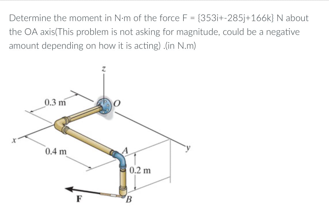 Determine the moment in N-m of the force F = {353i+-285j+166k} N about
the OA axis(This problem is not asking for magnitude, could be a negative
amount depending on how it is acting) .(in N.m)
0.3 m
0.4 m
0.2 m
B
