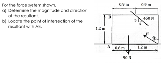 For the force system shown,
0.9 m
0.9 m
a) Determine the magnitude and direction
of the resultant.
B
450 N
b) Locate the point of intersection of the
resultant with AB.
1.2 m
A 0.6 m
1.2 m
90 N
