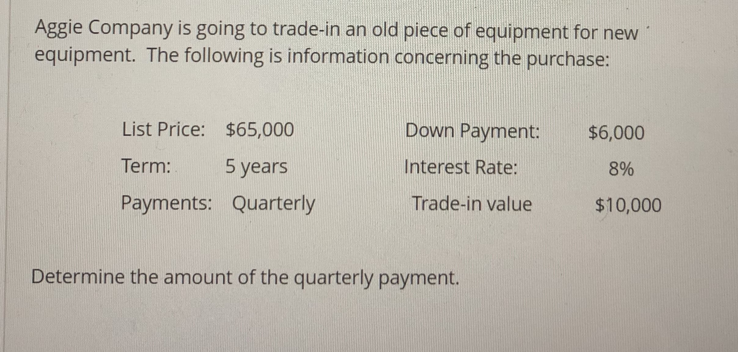 Aggie Company is going to trade-in an old piece of equipment for new
equipment. The following is information concerning the purchase:
List Price: $65,000
Term: 5 years
Payments: Quarterly
Down Payment: $6,000
Interest Rate:
Trade-in value 10,000
8%
Determine the amount of the quarterly payment.
