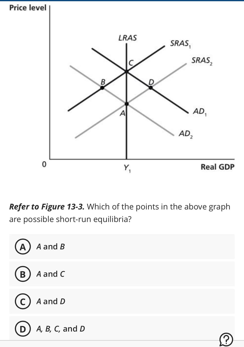 Price level
0
A) A and B
B A and C
C) A and D
B
D) A, B, C, and D
LRAS
A
Y₁
SRAS,
SRAS₂
Refer to Figure 13-3. Which of the points in the above graph
are possible short-run equilibria?
AD₂
AD₁
Real GDP
Ⓒ