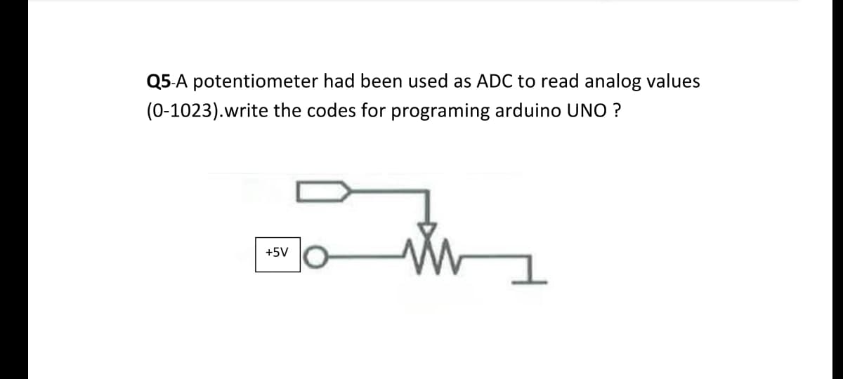 Q5-A potentiometer had been used as ADC to read analog values
(0-1023).write the codes for programing arduino UNO?
+5V