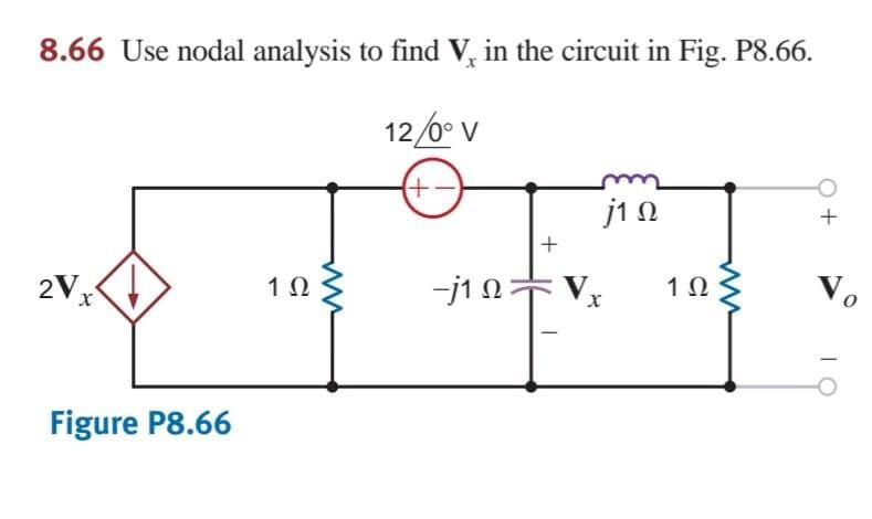 8.66 Use nodal analysis to find V, in the circuit in Fig. P8.66.
12/0° v
j1 N
2V,
-j1 0 V,
Vo
1Ω
1Ω
Figure P8.66
O +
+
