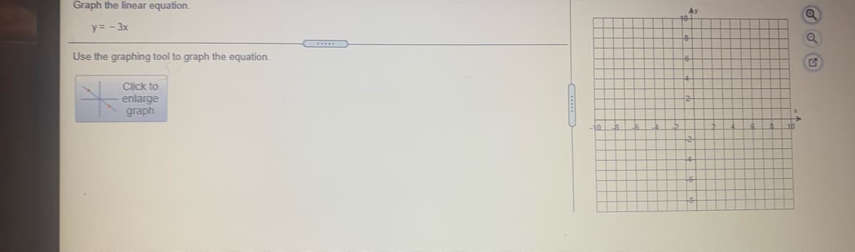 Graph the linear equation.
Ay
y= -3x
Use the graphing tool to graph the equation.
Click to
enlarge
graph
-10
