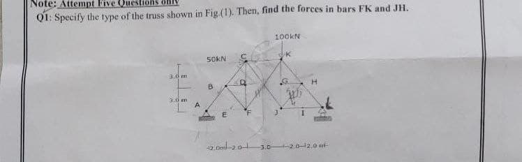 Note: Attempt Five Quest
Q1: Specify the type of the truss shown in Fig.(1). Then, find the forces in bars FK and JH.
3.0 m
3.0 m
A
i
50KN
B
N
o
100KN
K
120ml-20-13.0-2.0-12,0 -