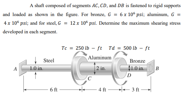 A shaft composed of segments AC, CD, and DB is fastened to rigid supports
and loaded as shown in the figure. For bronze, G = 6 x 106 psi; aluminum, G =
4 x 10° psi; and for steel, G = 12 x 106 psi. Determine the maximum shearing stress
developed in each segment.
Tc = 250 lb – ft Td = 500 lb – ft
| Steel
Aluminum
Bronze
+1.0 in.
D
A
1.0 in.
2 in.
B
6 ft
4 ft + 3 ft
