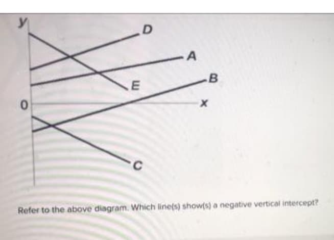 0
E
D
C
A
B
X
Refer to the above diagram. Which line(s) show(s) a negative vertical intercept?