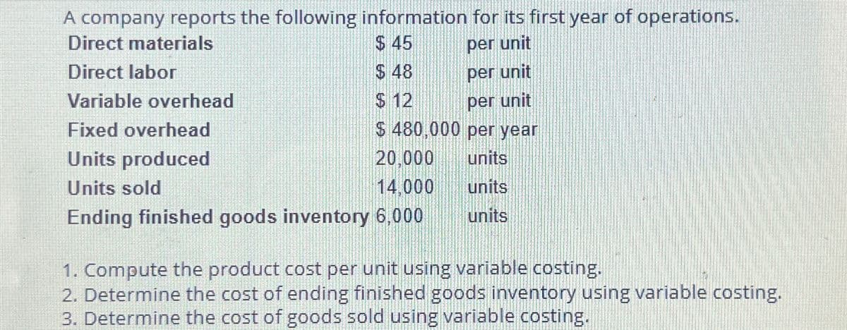 A company reports the following information for its first year of operations.
Direct materials
$ 45
per unit
Direct labor
$ 48
per unit
Variable overhead
$ 12
per unit
Fixed overhead
$ 480,000 per year
Units produced
units
Units sold
units
units
20,000
14,000
Ending finished goods inventory 6,000
1. Compute the product cost per unit using variable costing.
2. Determine the cost of ending finished goods inventory using variable costing.
3. Determine the cost of goods sold using variable costing.