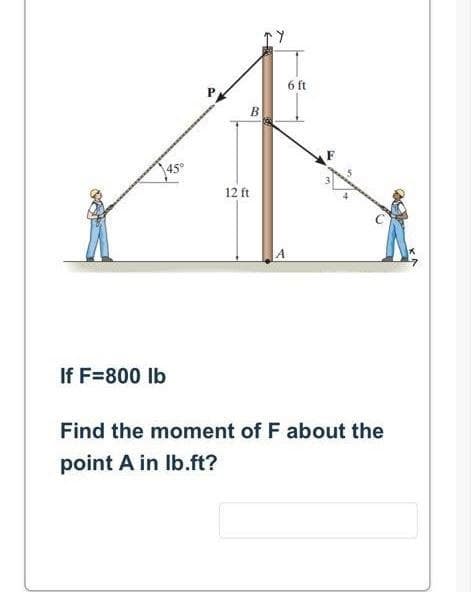 If F=800 lb
B
12 ft
6 ft
Find the moment of F about the
point A in lb.ft?