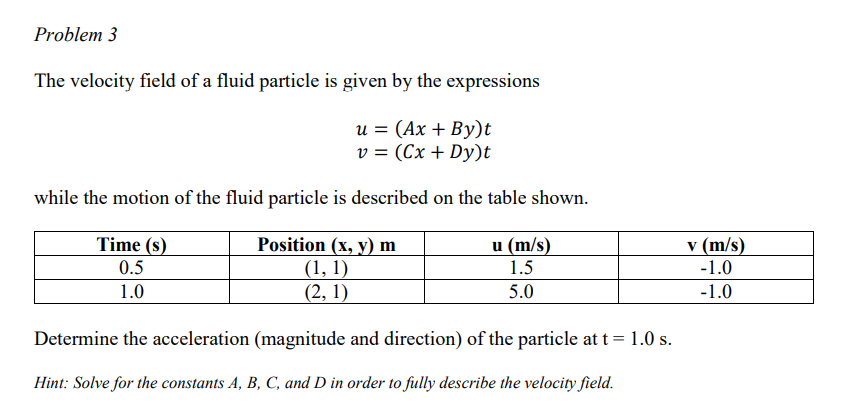 Problem 3
The velocity field of a fluid particle is given by the expressions
и %3D (Ах + Вy)t
v = (Cx + Dy)t
while the motion of the fluid particle is described on the table shown.
Position (x, y) m
(1, 1)
(2, 1)
v (m/s)
-1.0
Time (s)
u (m/s)
1.5
0.5
1.0
5.0
-1.0
Determine the acceleration (magnitude and direction) of the particle at t = 1.0 s.
Hint: Solve for the constants A, B, C, and D in order to fully describe the velocity field.

