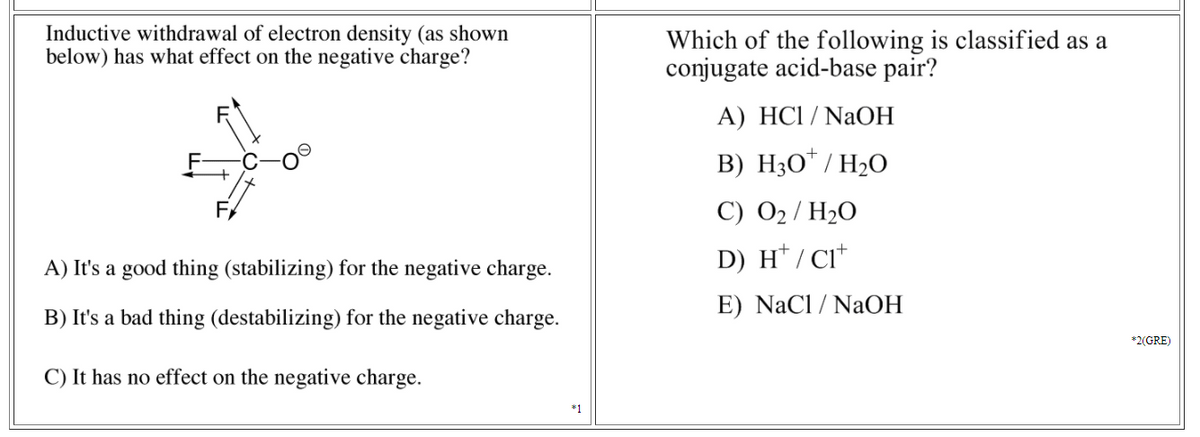 Inductive withdrawal of electron density (as shown
below) has what effect on the negative charge?
Which of the following is classified as a
conjugate acid-base pair?
A) HCl / NaOH
+
B) H3O* / H2O
C) 02/ H2O
A) It's a good thing (stabilizing) for the negative charge.
D) H* / CI*
E) NaCl / NaOH
B) It's a bad thing (destabilizing) for the negative charge.
*2(GRE)
C) It has no effect on the negative charge.
*1
