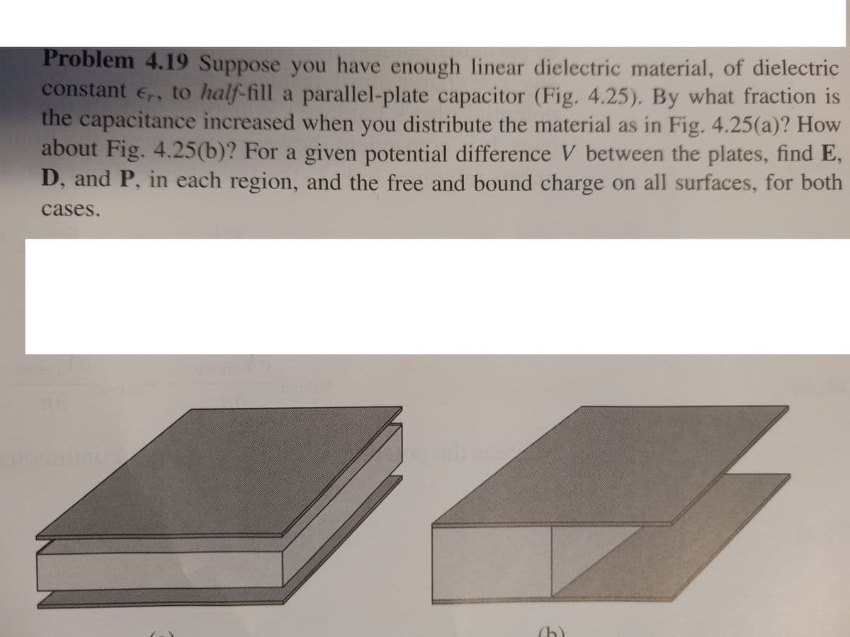 Problem 4.19 Suppose you have enough linear dielectric material, of dielectric
constant Er
to half-fill a parallel-plate capacitor (Fig. 4.25). By what fraction is
the capacitance increased when you distribute the material as in Fig. 4.25(a)? How
about Fig. 4.25(b)? For a given potential difference V between the plates, find E,
D, and P, in each region, and the free and bound charge on all surfaces, for both
cases.
Houminos
********************
qa
(b)