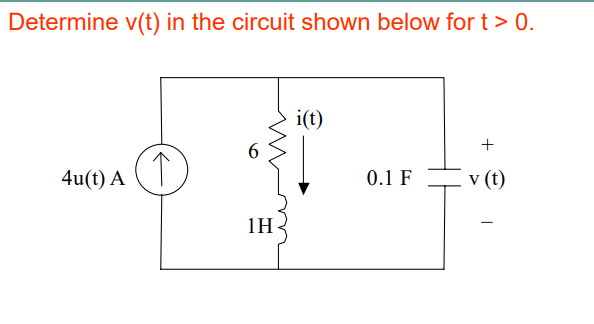Determine v(t) in the circuit shown below for t > 0.
4u(t) A
个
6
1H
i(t)
0.1 F
v (t)