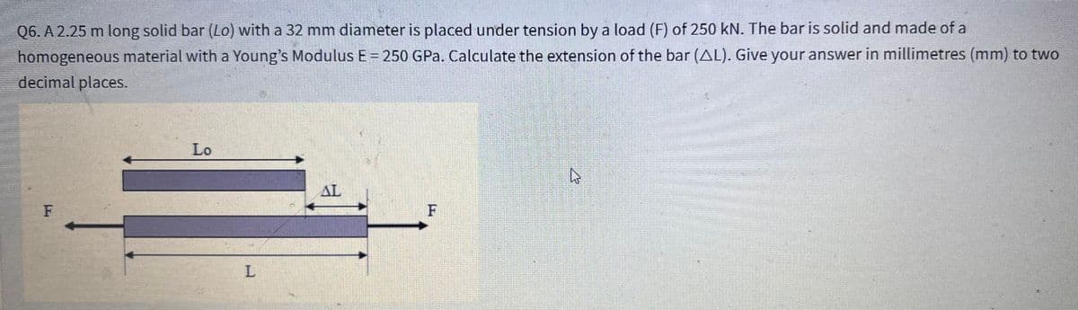 Q6. A 2.25 m long solid bar (Lo) with a 32 mm diameter is placed under tension by a load (F) of 250 kN. The bar is solid and made of a
homogeneous material with a Young's Modulus E = 250 GPa. Calculate the extension of the bar (AL). Give your answer in millimetres (mm) to two
decimal places.
Lo
AL
F
F
L
