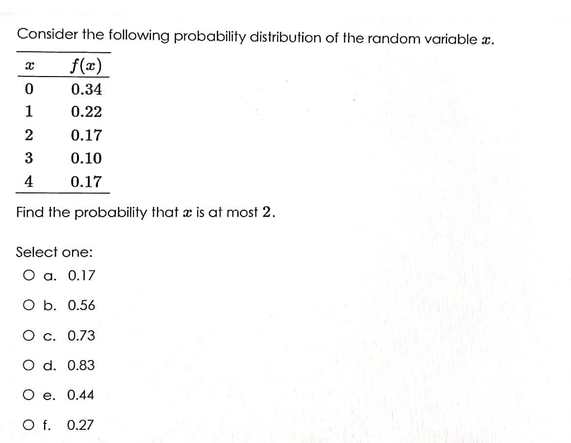 Consider the following probability distribution of the random variable x.
f(x)
0.34
1
0.22
2
0.17
3
0.10
4
0.17
Find the probability that x is at most 2.
Select one:
O a. 0.17
O b. 0.56
O c. 0.73
O d. 0.83
Ое. 0.44
O f.
0.27
