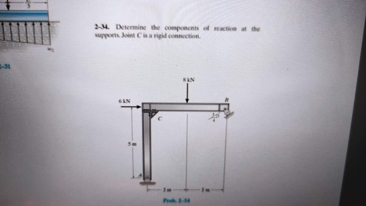 2-34. Determine the components of reaction at the
supports. Joint Cis a rigid connection.
31
8kN
6 KN
5 m
2 m
Prob. 2-34

