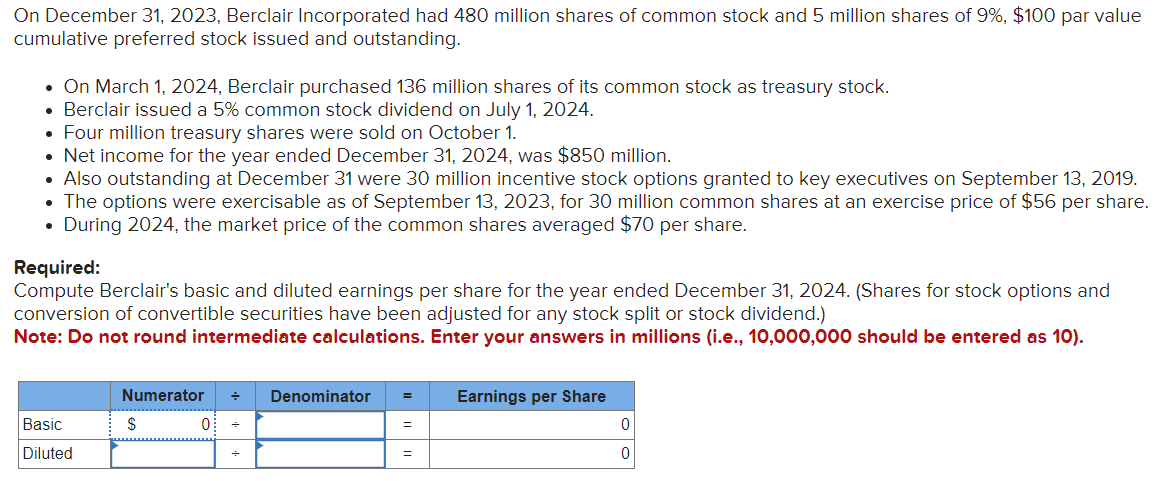 On December 31, 2023, Berclair Incorporated had 480 million shares of common stock and 5 million shares of 9%, $100 par value
cumulative preferred stock issued and outstanding.
• On March 1, 2024, Berclair purchased 136 million shares of its common stock as treasury stock.
• Berclair issued a 5% common stock dividend on July 1, 2024.
• Four million treasury shares were sold on October 1.
• Net income for the year ended December 31, 2024, was $850 million.
• Also outstanding at December 31 were 30 million incentive stock options granted to key executives on September 13, 2019.
• The options were exercisable as of September 13, 2023, for 30 million common shares at an exercise price of $56 per share.
• During 2024, the market price of the common shares averaged $70 per share.
Required:
Compute Berclair's basic and diluted earnings per share for the year ended December 31, 2024. (Shares for stock options and
conversion of convertible securities have been adjusted for any stock split or stock dividend.)
Note: Do not round intermediate calculations. Enter your answers in millions (i.e., 10,000,000 should be entered as 10).
Basic
Diluted
Numerator +
0 ÷
$
÷
Denominator
=
Earnings per Share
0