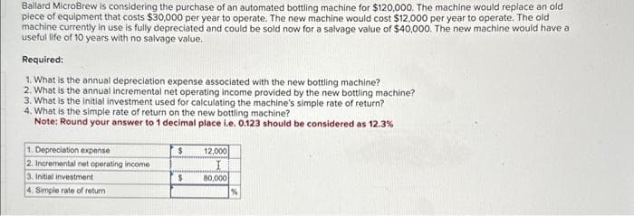 Ballard MicroBrew is considering the purchase of an automated bottling machine for $120,000. The machine would replace an old
piece of equipment that costs $30,000 per year to operate. The new machine would cost $12,000 per year to operate. The old
machine currently in use is fully depreciated and could be sold now for a salvage value of $40,000. The new machine would have a
useful life of 10 years with no salvage value.
Required:
1. What is the annual depreciation expense associated with the new bottling machine?
2. What is the annual incremental net operating income provided by the new bottling machine?
3. What is the initial investment used for calculating the machine's simple rate of return?
4. What is the simple rate of return on the new bottling machine?
Note: Round your answer to 1 decimal place i.e. 0.123 should be considered as 12.3%
1. Depreciation expense
2. Incremental net operating income
3. Initial investment
4. Simple rate of return
$
$
12,000
80,000