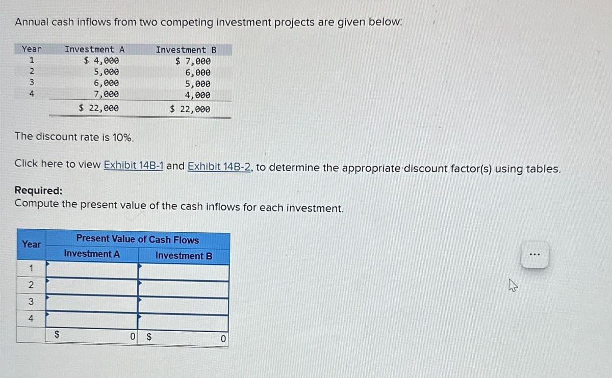 Annual cash inflows from two competing investment projects are given below:
Investment A
$ 4,000
5,000
6,000
7,000
$ 22,000
Year
1234
The discount rate is 10%.
Click here to view Exhibit 14B-1 and Exhibit 14B-2, to determine the appropriate discount factor(s) using tables.
Required:
Compute the present value of the cash inflows for each investment.
Year
1
2
3
4
$
Investment B
$ 7,000
6,000
5,000
4,000
$ 22,000
Present Value of Cash Flows
Investment A
0
$
Investment B
0
M
...