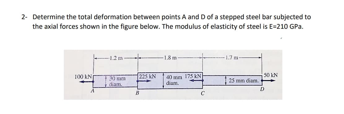 2- Determine the total deformation between points A and D of a stepped steel bar subjected to
the axial forces shown in the figure below. The modulus of elasticity of steel is E=210 GPa.
-1.2 m
-1.8 m
1.7 m
50 kN
40 mm 175 kN
diam.
100 kN
225 kN
30 mm
diam.
25 mm diam.
A
D
B
C
