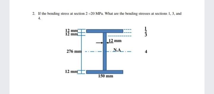 2. If the bending stress at section 2 =20 MPa. What are the bending stresses at sections 1, 3, and
4.
12 mm
12 mm
12 mm
276 mm
N.A.-
12 mm
150 mm
