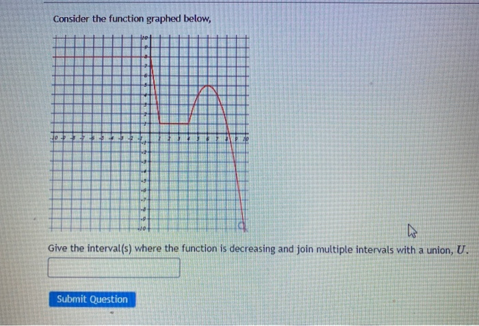 Consider the function graphed below,
Give the interval(s) where the function is decreasing and join multiple intervals with a union, U.
Submit Question
