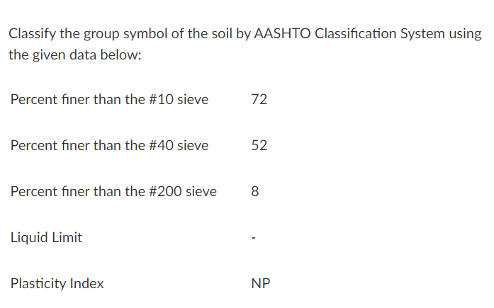 Classify the group symbol of the soil by AASHTO Classification System using
the given data below:
Percent finer than the #10 sieve
72
Percent finer than the #40 sieve
52
Percent finer than the #200 sieve
8
Liquid Limit
Plasticity Index
NP
