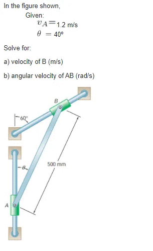 In the figure shown,
Given:
VA
0 = 40⁰
Solve for:
a) velocity of B (m/s)
b) angular velocity of AB (rad/s)
500 mm
1.2 m/s