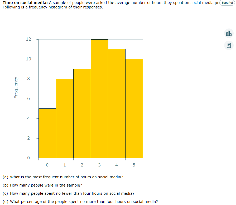 Time on social media: A sample of people were asked the average number of hours they spent on social media pe Español
Following is a frequency histogram of their responses.
Frequency
12
10
co
6
A
2
0
0
1 2
3
4
5
(a) What is the most frequent number of hours on social media?
(b) How many people were in the sample?
(c) How many people spent no fewer than four hours on social media?
(d) What percentage of the people spent no more than four hours on social media?
olo