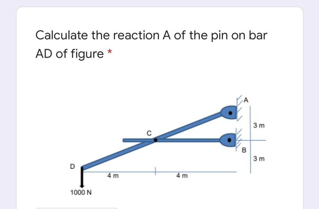 Calculate the reaction A of the pin on bar
AD of figure *
3 m
3 m
4 m
4 m
1000 N
