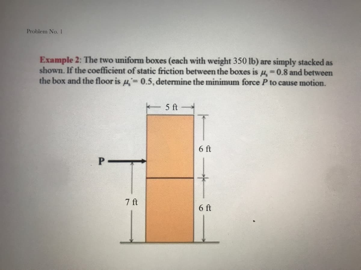 Problem No.1
Example 2: The two uniform boxes (each with weight 350 lb) are simply stacked as
shown. If the coefficient of static friction between the boxes is 4-0.8 and between
the box and the floor is 4, 0.5, determine the minimum force P to cause motion.
5 ft
6 ft
7 ft
6 ft
