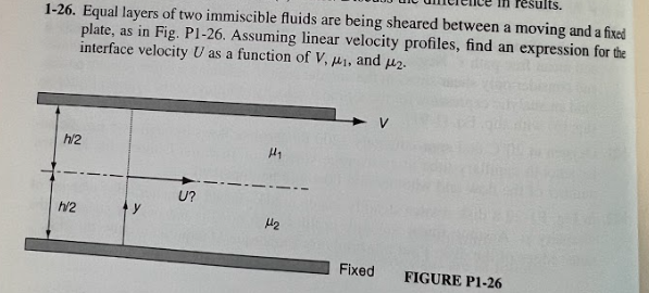 in results.
1-26. Equal layers of two immiscible fluids are being sheared between a moving and a fixed
plate, as in Fig. P1-26. Assuming linear velocity profiles, find an expression for the
interface velocity U as a function of V, ₁. and 4₂.
h/2
h/2
y
U?
H₂
4₂
Fixed
FIGURE P1-26