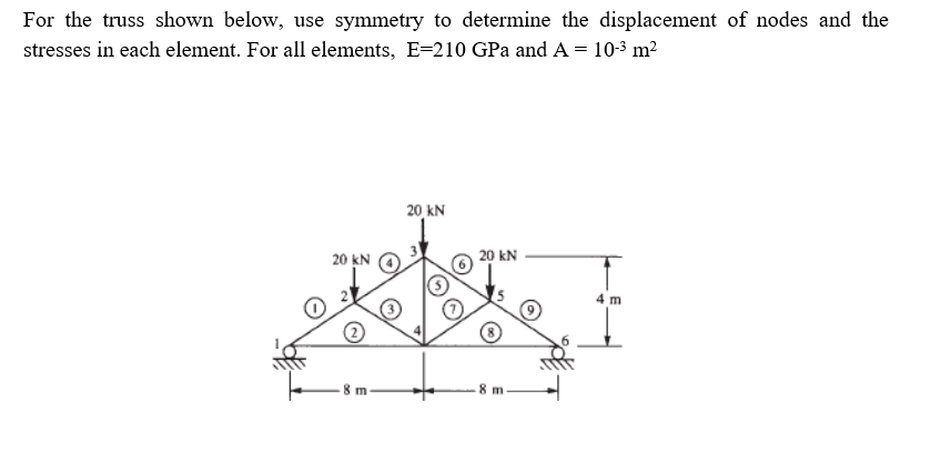 For the truss shown below, use symmetry to determine the displacement of nodes and the
stresses in each element. For all elements, E=210 GPa and A = 10-3 m²
20 kN
20 kN
20 kN
4 m
8 m

