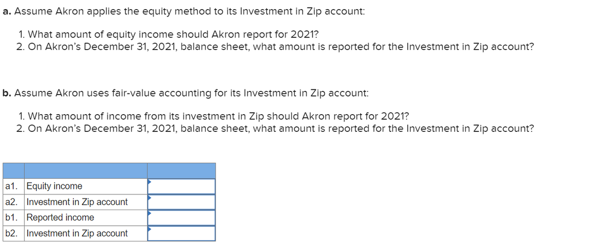 a. Assume Akron applies the equity method to its Investment in Zip account:
1. What amount of equity income should Akron report for 2021?
2. On Akron's December 31, 2021, balance sheet, what amount is reported for the Investment in Zip account?
b. Assume Akron uses fair-value accounting for its Investment in Zip account:
1. What amount of income from its investment in Zip should Akron report for 2021?
2. On Akron's December 31, 2021, balance sheet, what amount is reported for the Investment in Zip account?
a1. Equity income
a2. Investment in Zip account
b1.
Reported income
b2. Investment in Zip account