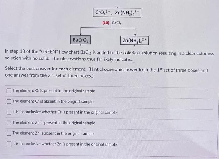 CrO2, Zn(NH3)4²+
(10) | BaCl,
BaCrO 4
Zn(NH3)4²
In step 10 of the "GREEN" flow chart BaCl₂ is added to the colorless solution resulting in a clear colorless
solution with no solid. The observations thus far likely indicate...
2+
Select the best answer for each element. (Hint choose one answer from the 1st set of three boxes and
one answer from the 2nd set of three boxes.)
The element Cr is present in the original sample
The element Cr is absent in the original sample
It is inconclusive whether Cr is present in the original sample
The element Zn is present in the original sample
The element Zn is absent in the original sample
It is inconclusive whether Zn is present in the original sample