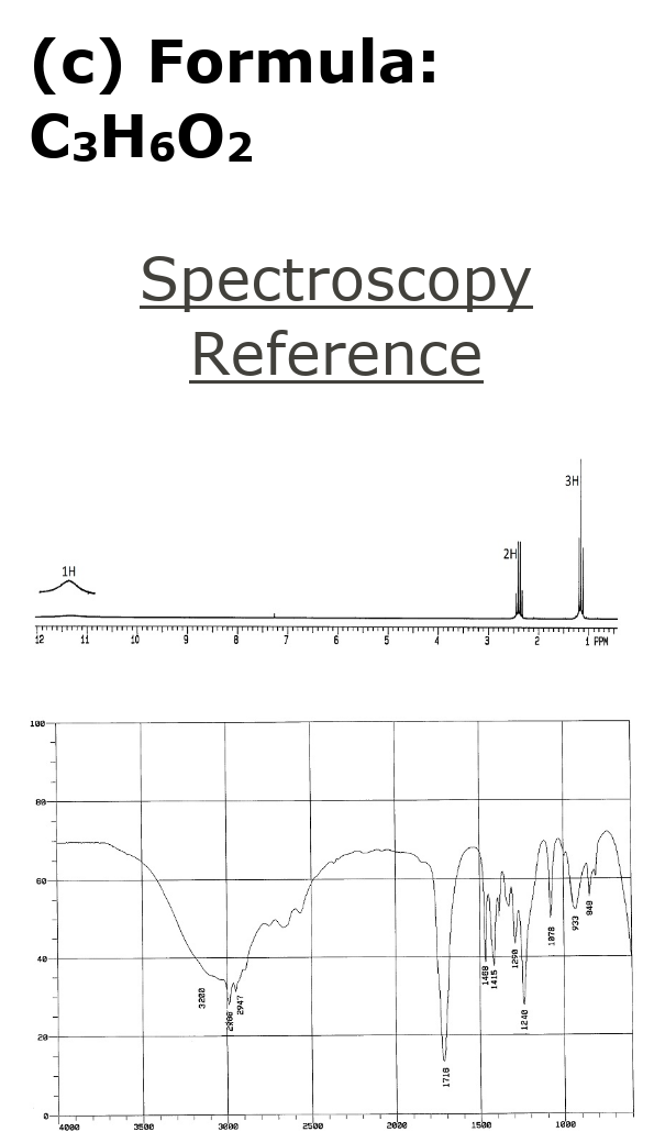 (c) Formula:
C3H602
Spectroscopy
Reference
3H
12
11
FPN
100
60
20
TTT
40a0
3E00
3000
2500
1sa0
1000
