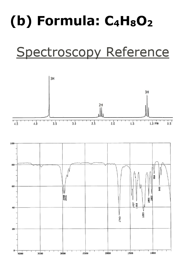(b) Formula: C4H8O2
Spectroscopy Reference
ЗН
3H
2H
4.5
4.0
3.5
3.0
2.5
2.0
1.5
1.0 PPM
0.5
100
60
40
20
4200
3500
2520
1508
1800
96
1822
CャLT
