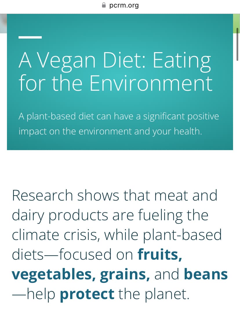 pcrm.org
A Vegan Diet: Eating
for the Environment
A plant-based diet can have a significant positive
impact on the environment and your health.
Research shows that meat and
dairy products are fueling the
climate crisis, while plant-based
diets-focused on fruits,
vegetables, grains, and beans
-help protect the planet.