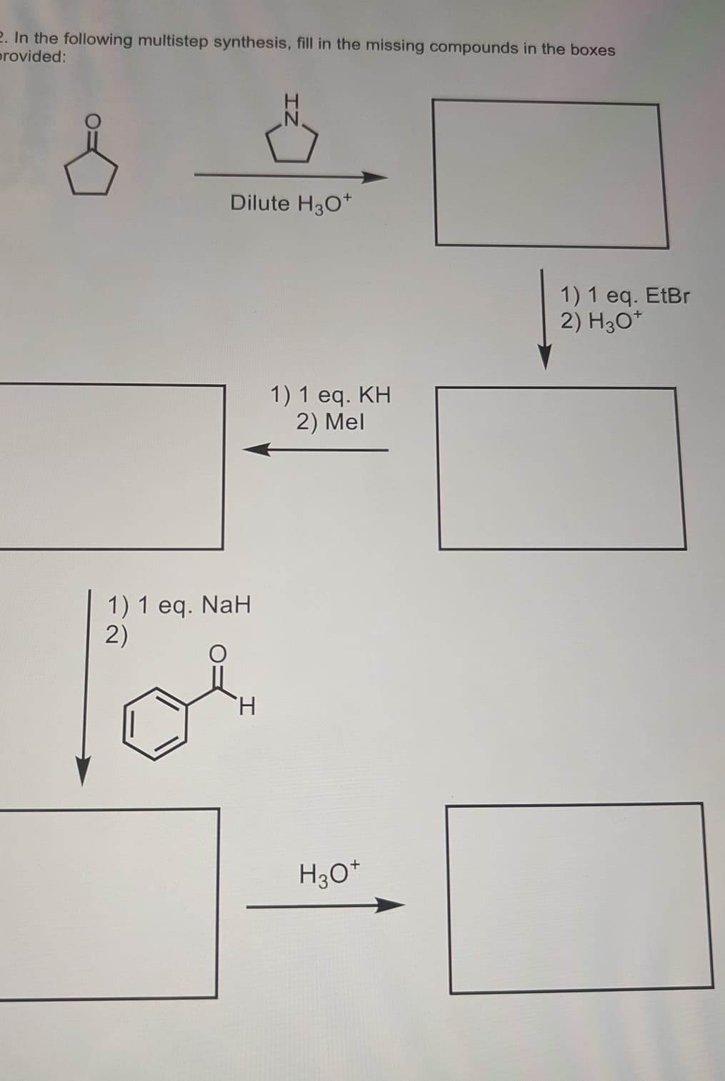 2. In the following multistep synthesis, fill in the missing compounds in the boxes
provided:
Dilute H3O+
1) 1 eq. NaH
2)
H
1) 1 eq. KH
2) Mel
H3O+
1) 1 eq. EtBr
2) H30*