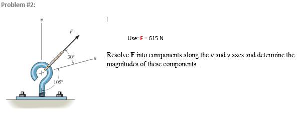 Problem #2:
Use: F= 615 N
Resolve F into components along the u and v axes and determine the
magnitudes of these components.
30
105°
