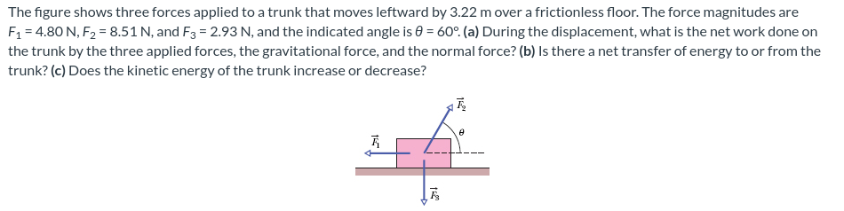 The figure shows three forces applied to a trunk that moves leftward by 3.22 m over a frictionless floor. The force magnitudes are
F₁ = 4.80 N, F₂ = 8.51 N, and F3 = 2.93 N, and the indicated angle is 0 = 60°. (a) During the displacement, what is the net work done on
the trunk by the three applied forces, the gravitational force, and the normal force? (b) Is there a net transfer of energy to or from the
trunk? (c) Does the kinetic energy of the trunk increase or decrease?
8
