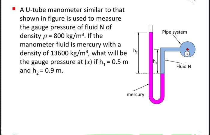 A U-tube manometer similar to that
shown in figure is used to measure
the gauge pressure of fluid N of
density p= 800 kg/m³. If the
manometer fluid is mercury with a
density of 13600 kg/m³, what will be
the gauge pressure at (x) if h₁ = 0.5 m
and h₂ = 0.9 m.
h₂
mercury
n₂
Pipe system
Fluid N