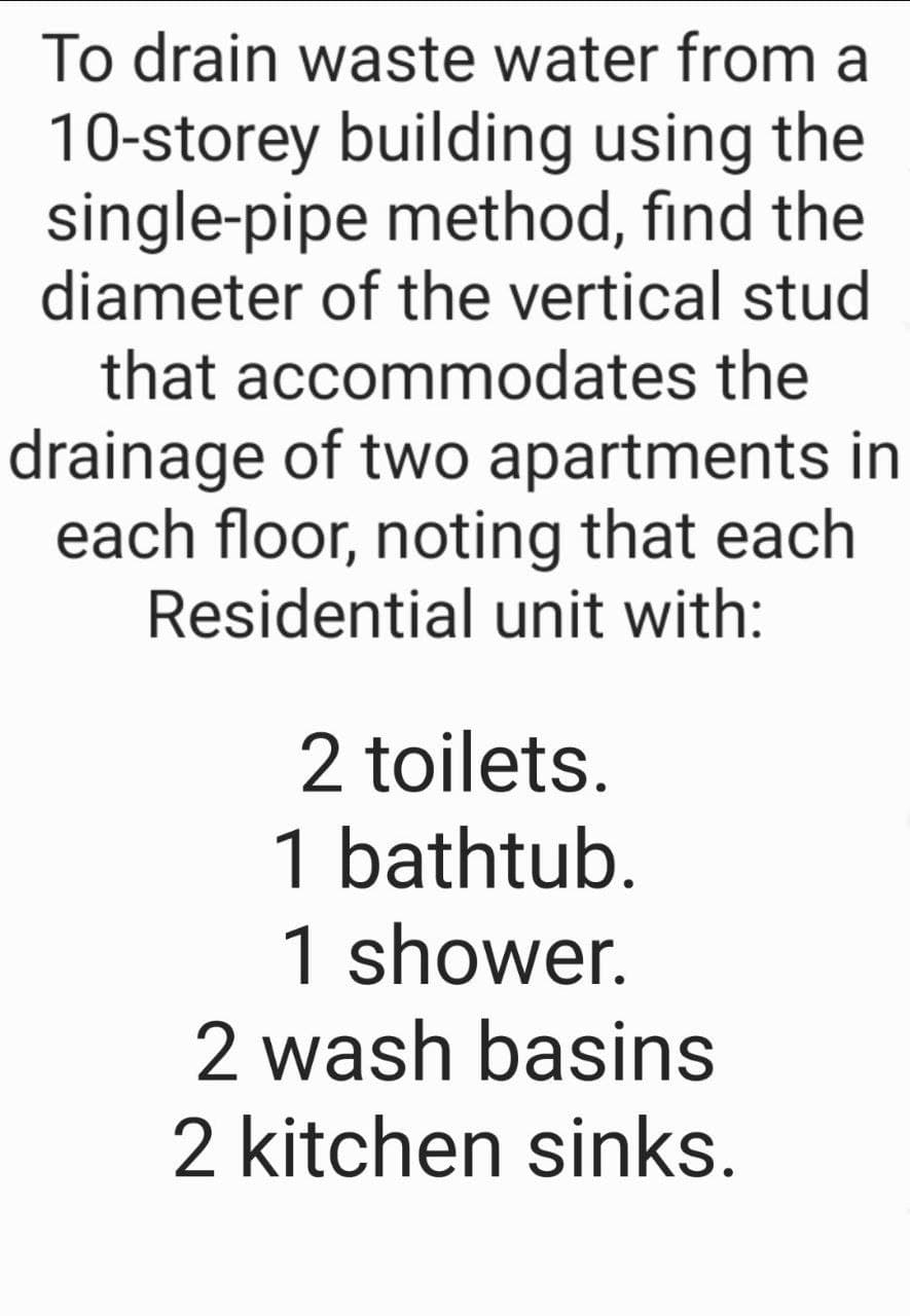 To drain waste water from a
10-storey building using the
single-pipe method, find the
diameter of the vertical stud
that accommodates the
drainage of two apartments in
each floor, noting that each
Residential unit with:
2 toilets.
1 bathtub.
1 shower.
2 wash basins
2 kitchen sinks.
