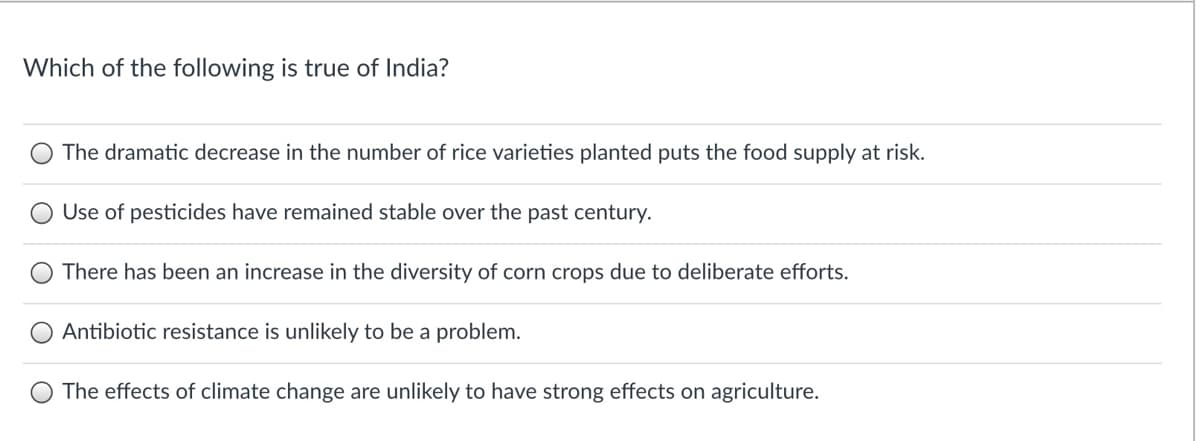 Which of the following is true of India?
The dramatic decrease in the number of rice varieties planted puts the food supply at risk.
O Use of pesticides have remained stable over the past century.
There has been an increase in the diversity of corn crops due to deliberate efforts.
Antibiotic resistance is unlikely to be a problem.
The effects of climate change are unlikely to have strong effects on agriculture.
